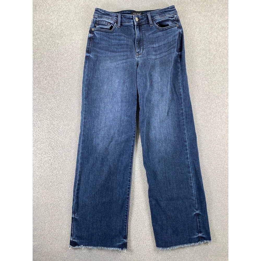 Judy Blue Womens Wide Leg Denim Jeans Size 7/28 Raw Hem Mid Rise Dark Wash